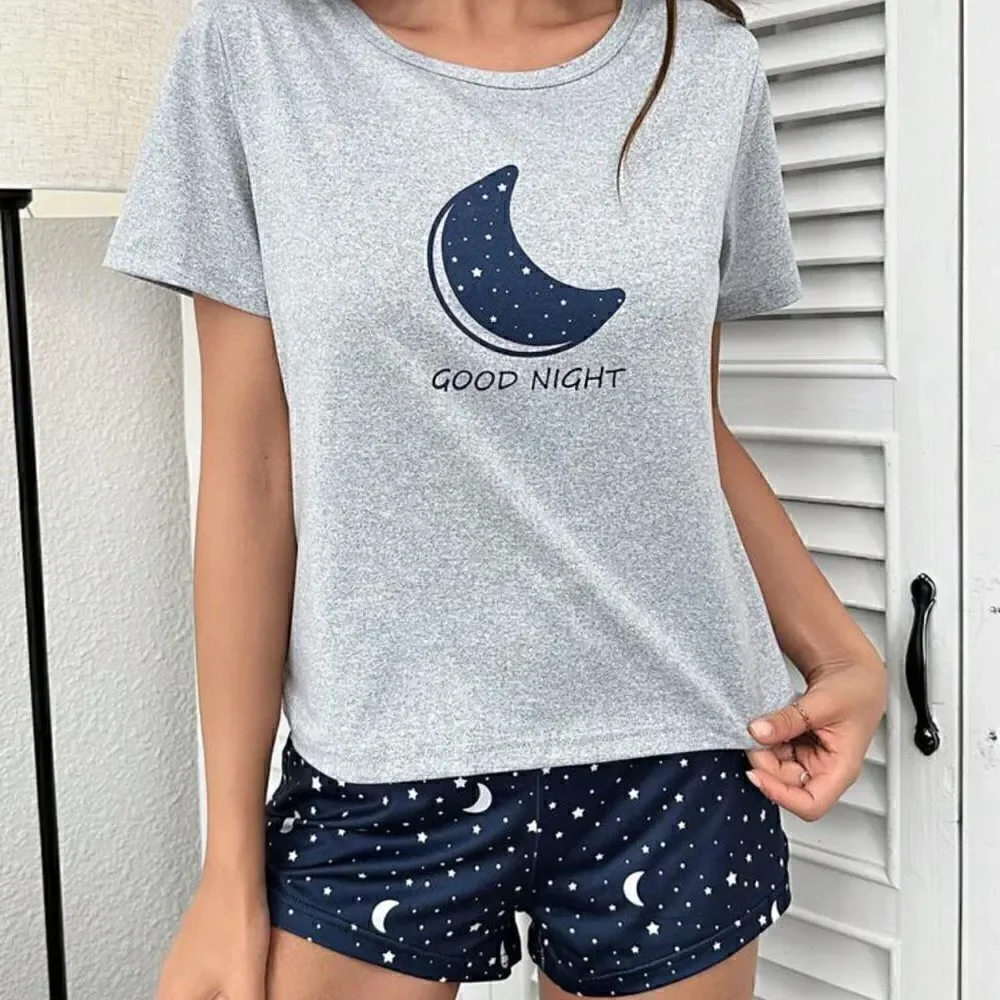 Moon Print Two Piece Soft Pajama Set